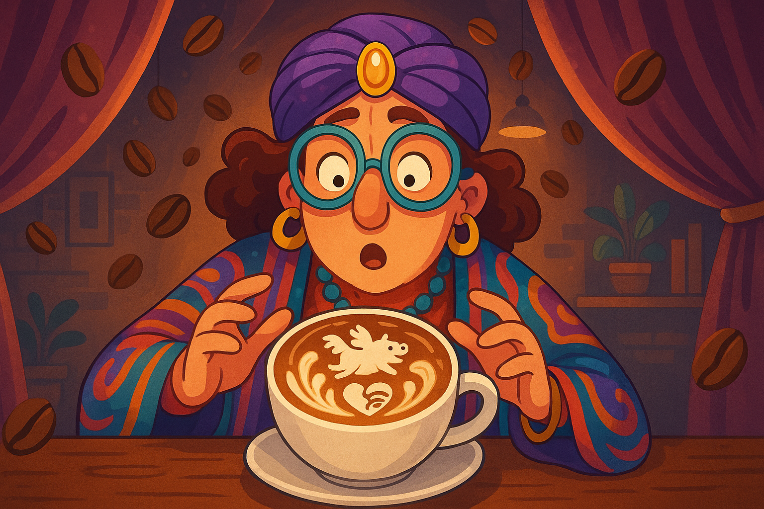 Stylized illustration of a coffee cup with whimsical elements.